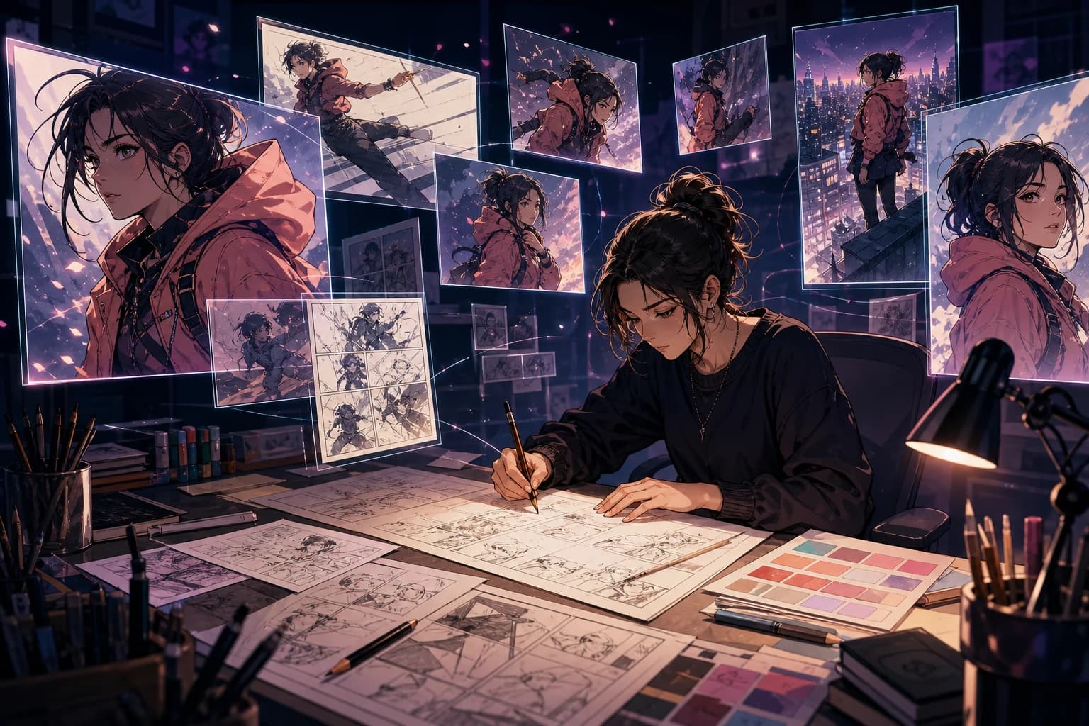 Concept artwork showing a creator developing consistent comic characters across multiple panels