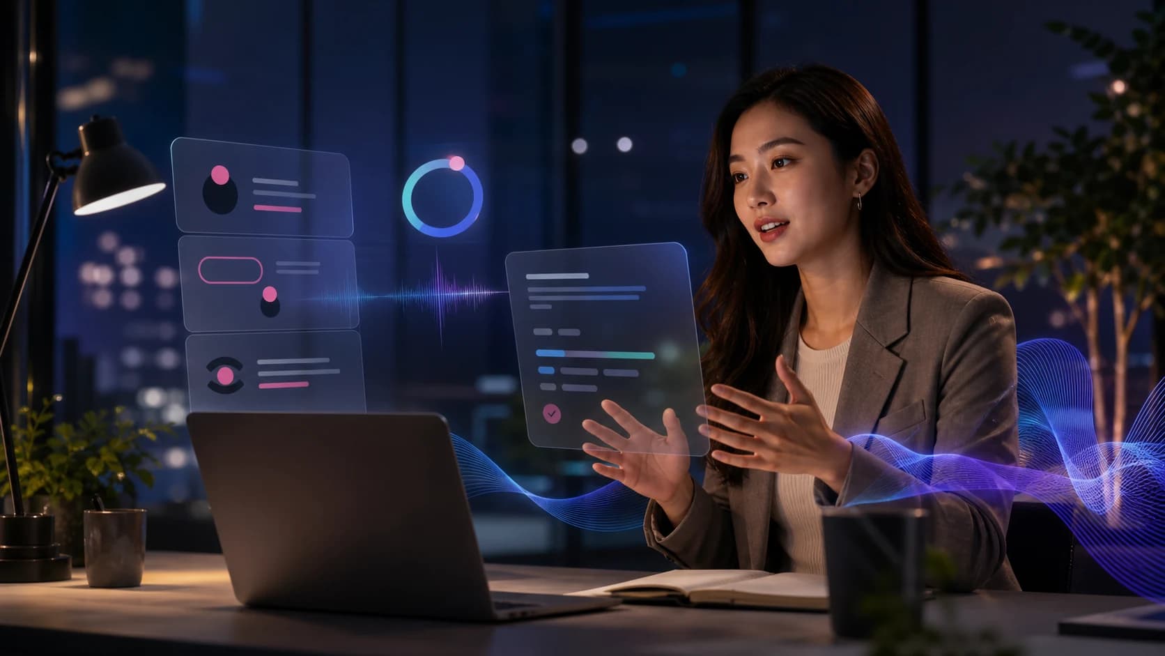 Concept artwork showing a professional practicing an interview with abstract AI feedback
